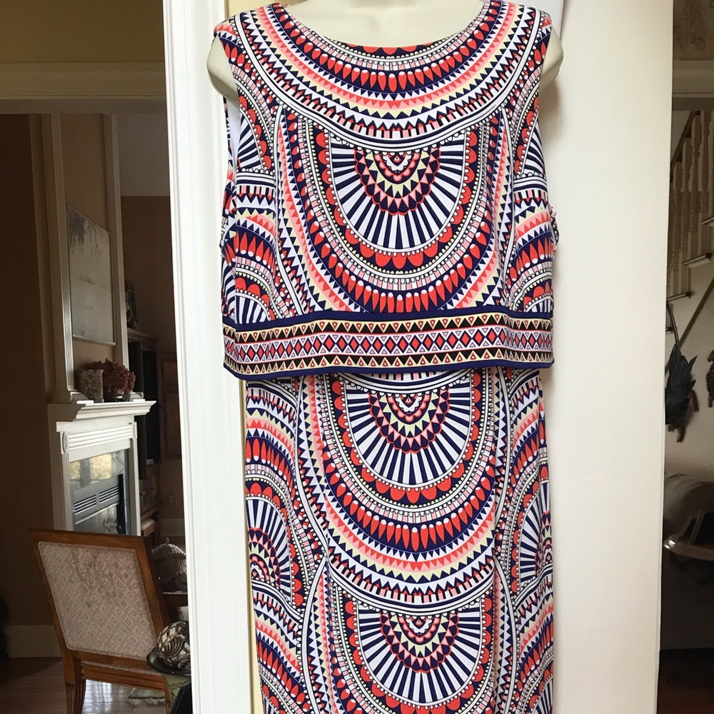 Chico’s blue white orange etc. design pattern shift style dress Sz 8